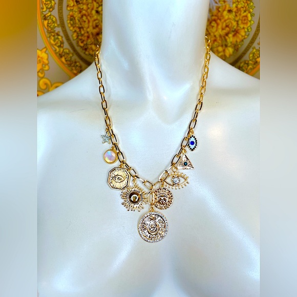 18k gold plated Celestial charm 🌞 🌙 🧿 paperclip medallion 16” to 18” necklace - Picture 1 of 5